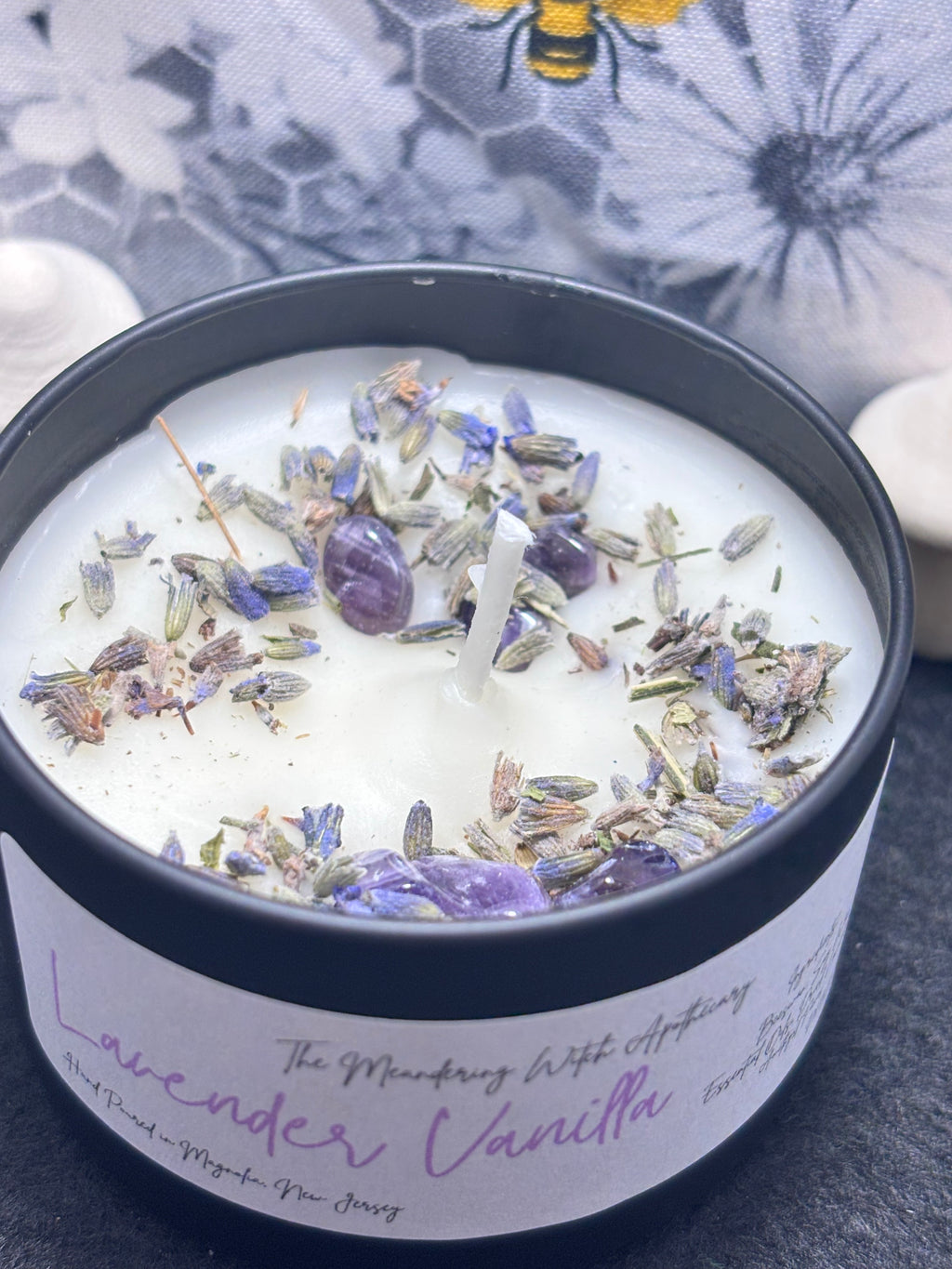 Lavender Vanilla 4oz Candle with Dried Lavender and Amethyst
