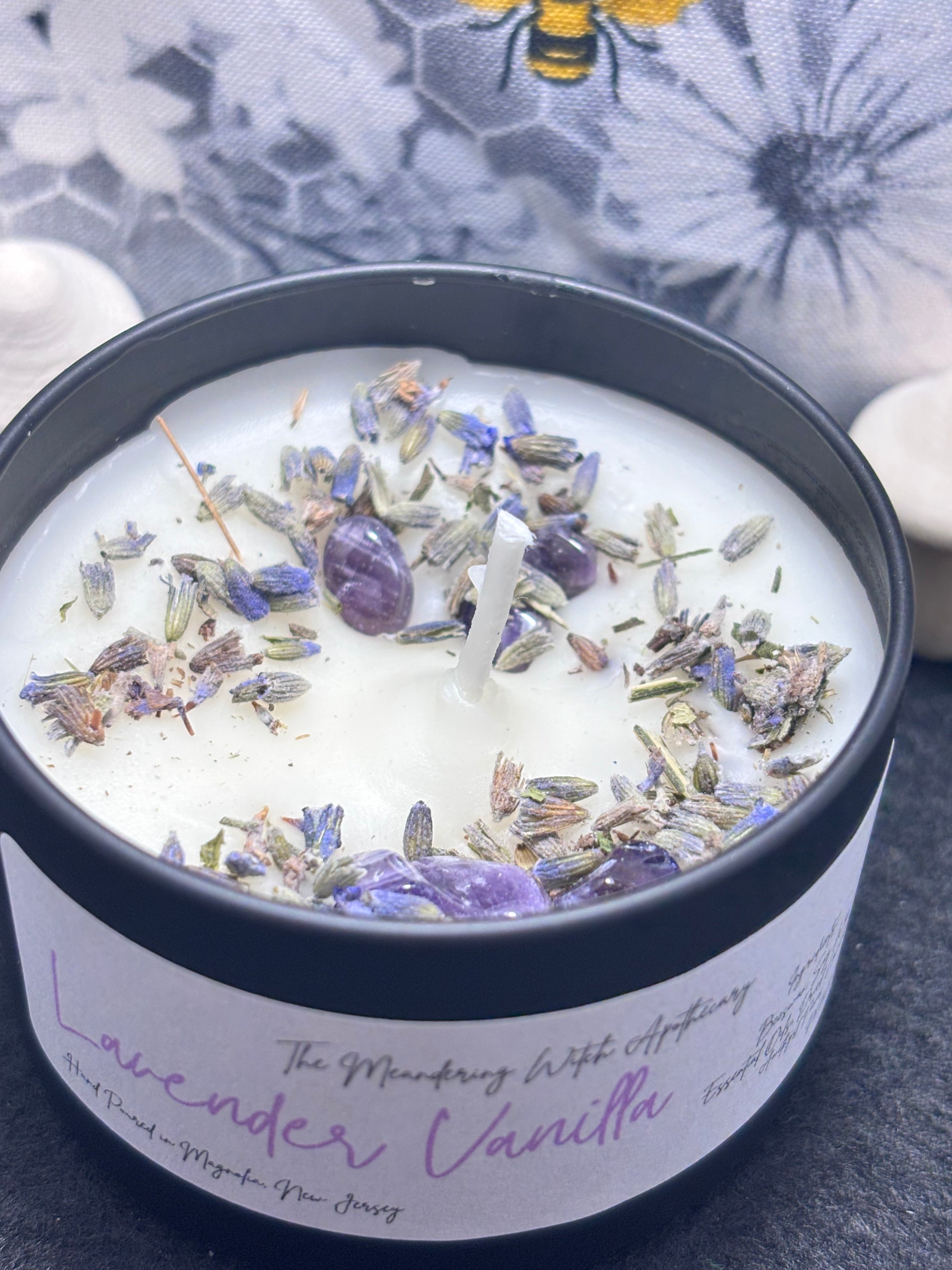 Lavender Vanilla 4oz Candle with Dried Lavender and Amethyst