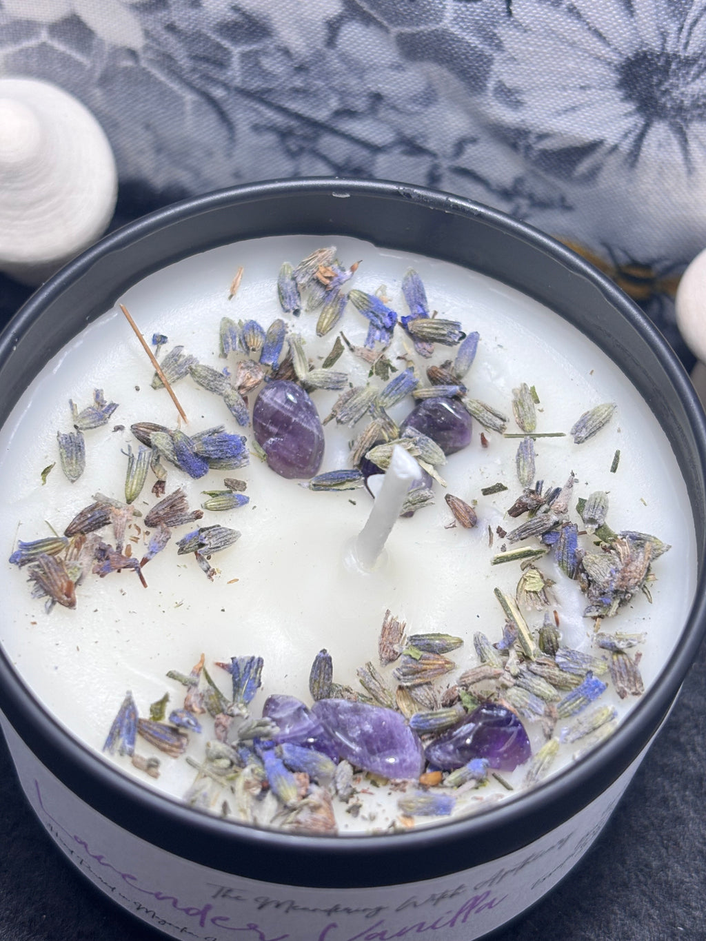 Lavender Vanilla 4oz Candle with Dried Lavender and Amethyst